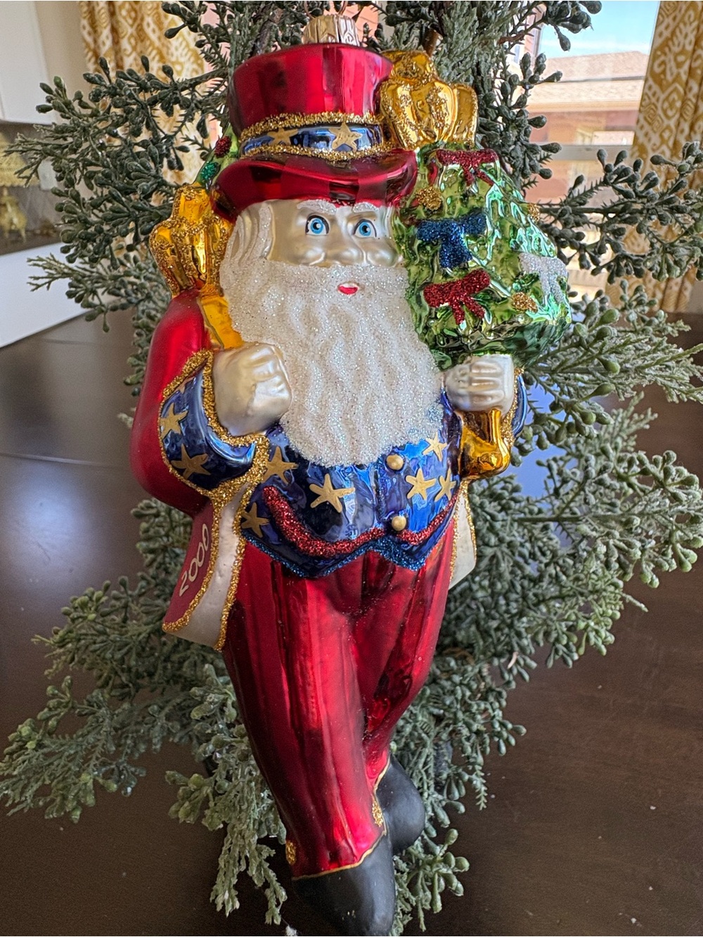 2000 Dillard's Trimmings Santa Hand Blown Glass Christmas Ornament Patriotic Red